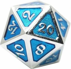 Dire 25mm D20 Metal Dice - Mythica Platinum & Aquamarine