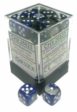 Chessex Dice: Gemini 12mm D6 Blue Silver/White (36)