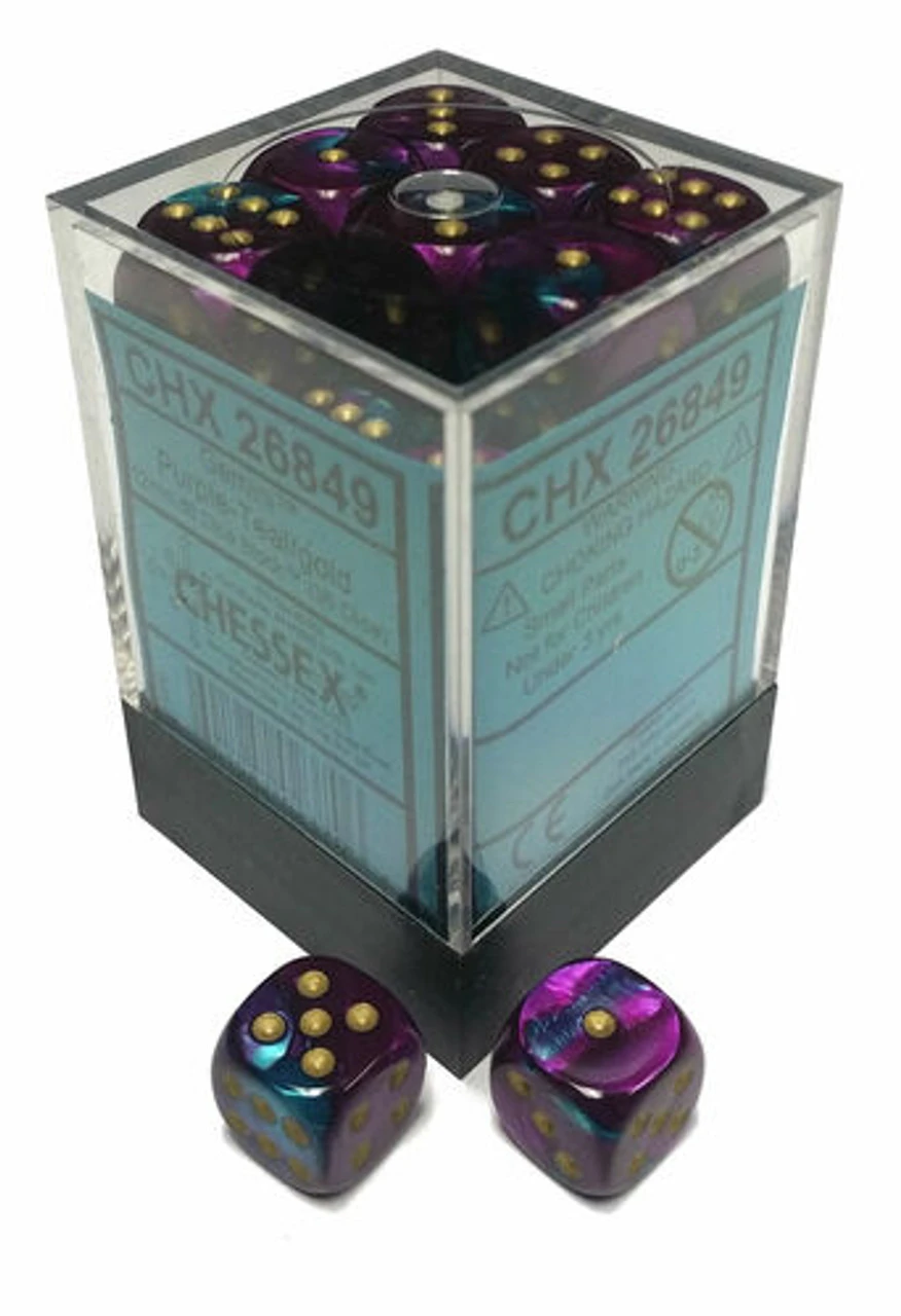 Chessex Dice: Gemini 5 - 12mm D6 Purple Teal/Gold (36) 1 Chessex Dice: Gemini 5 - 12mm D6 Purple Teal/Gold (36)