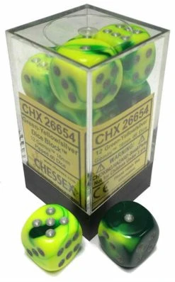 Chessex Dice: Gemini 6 - 16mm D6 Green Yellow/Silver (12)